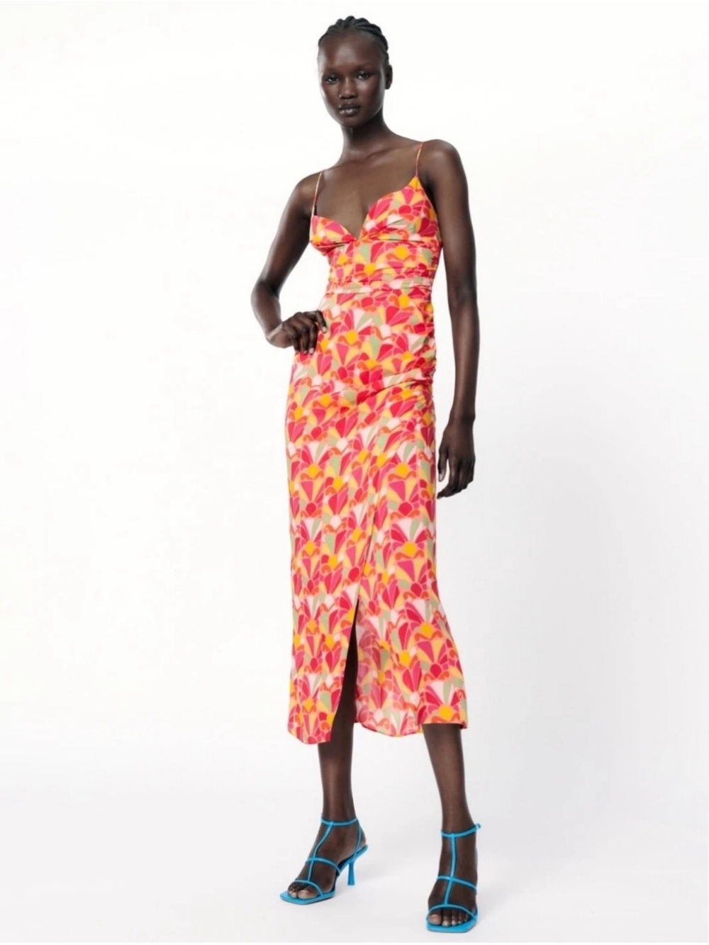 Zara Pink & Orange Printed Slip Midi Dress